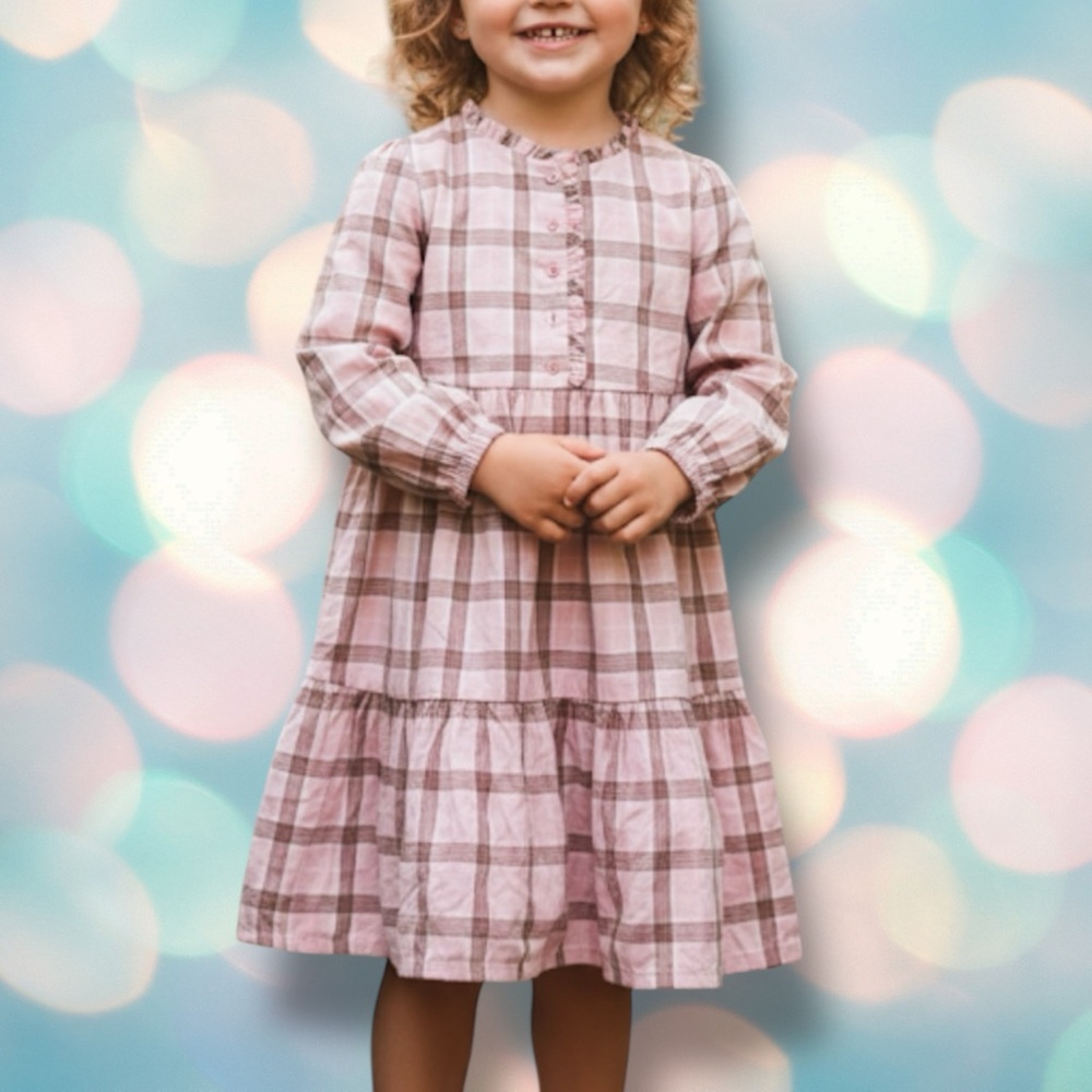 Hope & Henry Girl’s Pink Long Sleeve Tiered Ruffle Neck Dress Size 4
